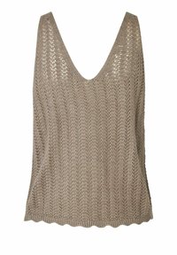 Top senza maniche in maglia beige con scollatura a V profonda, caratterizzato da un motivo a punto aperto e orlo a scallop. Materiale leggero, design informale.