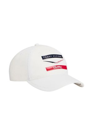 Cappellino da baseball bianco con i loghi Tommy Hilfiger e Cadillac Formula Team sul davanti, con una visiera curva e fori di ventilazione cuciti.