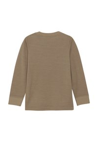 Langarm-Hemd in Braun aus weichem, strukturiertem Stoff. Mit Rundhalsausschnitt und taillierten Manschetten. Einfaches Design ohne Muster oder Akzente.