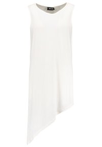 White sleeveless dress with a round neckline. Asymmetrical hemline, smooth, lightweight fabric with a relaxed fit. No visible patterns or accents.
