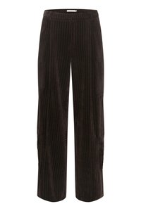 Široké kalhoty z tmavě hnědého kordu s vertikálním žebrováním, které mají hladký povrch, boční kapsy a volný střih.