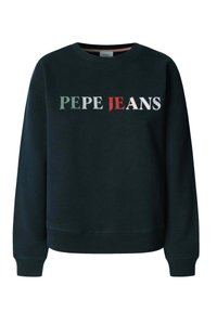 Svart sweatshirt i bomull, med "PEPE JEANS"-text i vit, grön och röd broderi. Ribbad ärm- och nederkant. Klassisk design.