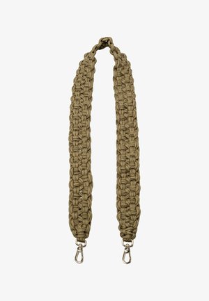 Vlechtband in olijfgroen, gemaakt van duurzaam materiaal, met zilveren metalen clips aan beide uiteinden voor bevestiging. Heeft een gestructureerd oppervlak.