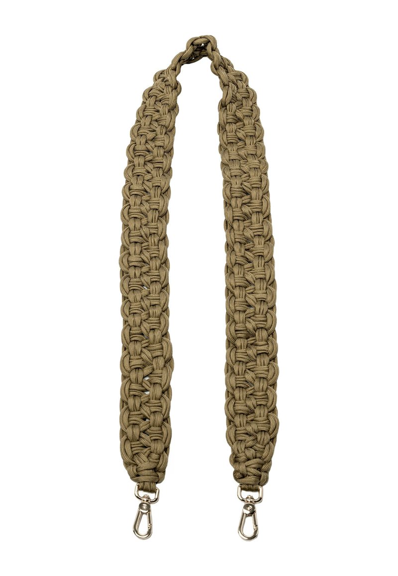 Vlechtband in olijfgroen, gemaakt van duurzaam materiaal, met zilveren metalen clips aan beide uiteinden voor bevestiging. Heeft een gestructureerd oppervlak.