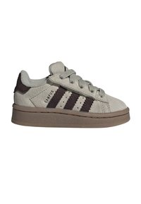 Light gray suede sneaker with brown sole and three dark brown stripes, laces, and "CAMPUS" text on side.