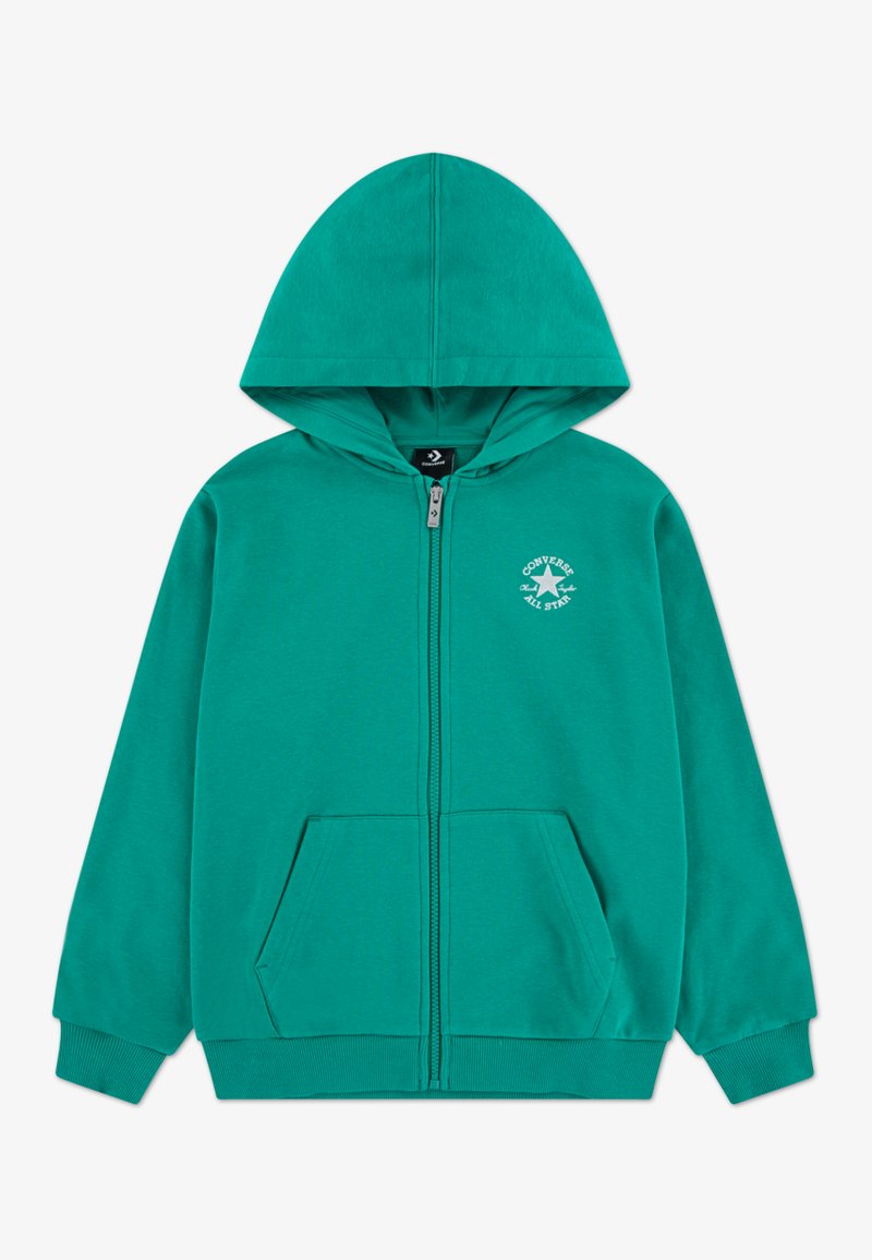 Sweat à capuche vert avec fermeture éclair sur le devant. Dispose d'une poche kangourou, de poignets côtel és et d'un logo blanc sur le côté gauche de la poitrine.