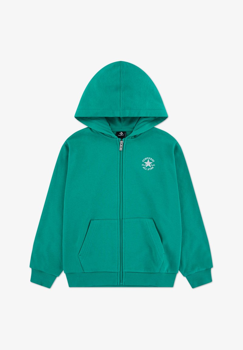 Sweat à capuche vert avec fermeture éclair sur le devant. Dispose d'une poche kangourou, de poignets côtelés et d'un logo blanc sur le côté gauche de la poitrine.