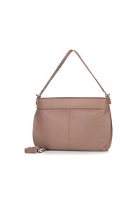 Sac à main en cuir marron clair avec une texture lisse, de forme rectangulaire, une fermeture à glissière sur le dessus et une bandoulière amovible.