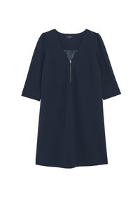 Dunkelblaues Kleid aus glattem Stoff, mit V-Ausschnitt, Dreiviertelärmeln und einem Reißverschluss an der Vorderseite. Schlichte A-Linien-Silhouette.