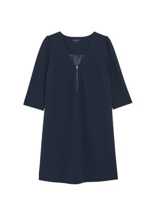 Sinekkinen mekko, joka on valmistettu sileästä kankaasta. Mekossa on V-aukko, kolme neljännestä hihaa ja etuvetoketju. Yksinkertainen A-linjainen siluetti.