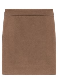 Bruine gebreide mini-rok met geribbelde tailleband, rechte snit en een effen, gladde textuur.