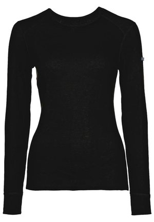 Schwarzes Langarmoberteil aus einem strukturierten Material, mit rundem Ausschnitt und enger Silhouette. Enthält ein dezentes Logo-Detail am Ärmel.