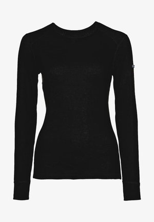 Black long-sleeve top made from a textured material, featuring a round neckline and fitted silhouette. Includes subtle logo detail on sleeve.