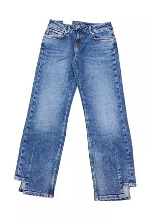 Jeans in denim azzurro chiaro con gamba ampia e due spacchi ai lati dell'orlo. Presentano un classico styling a cinque tasche e una chiusura con bottone.