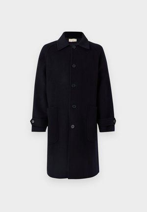 Black long coat with button closure, two front patch pockets, and buttoned cuffs, displayed against a white background.