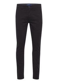 Svarta, slim-fit chinos gjorda av en bomullsmix. Har en knappstängning och bältesloopar. Slät textur utan mönster eller accenter.
