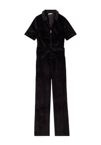 Black corduroy jumpsuit with short sleeves, a zip front, two chest pockets, a waist tie, and wide-leg pants. Smooth texture and fitted design.