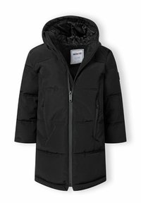 Manteau d'hiver long matelassé noir avec capuche, fermeture éclair à l'avant, poches latérales zippées et étiquette à l'intérieur du col indiquant la marque et la taille pour enfants.