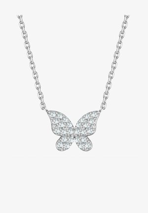 Colier din argint cu un pandantiv în formă de fluture, incrustat cu pietre strălucitoare de culoare albastru deschis. Lantul este format din inele ovale interconectate.