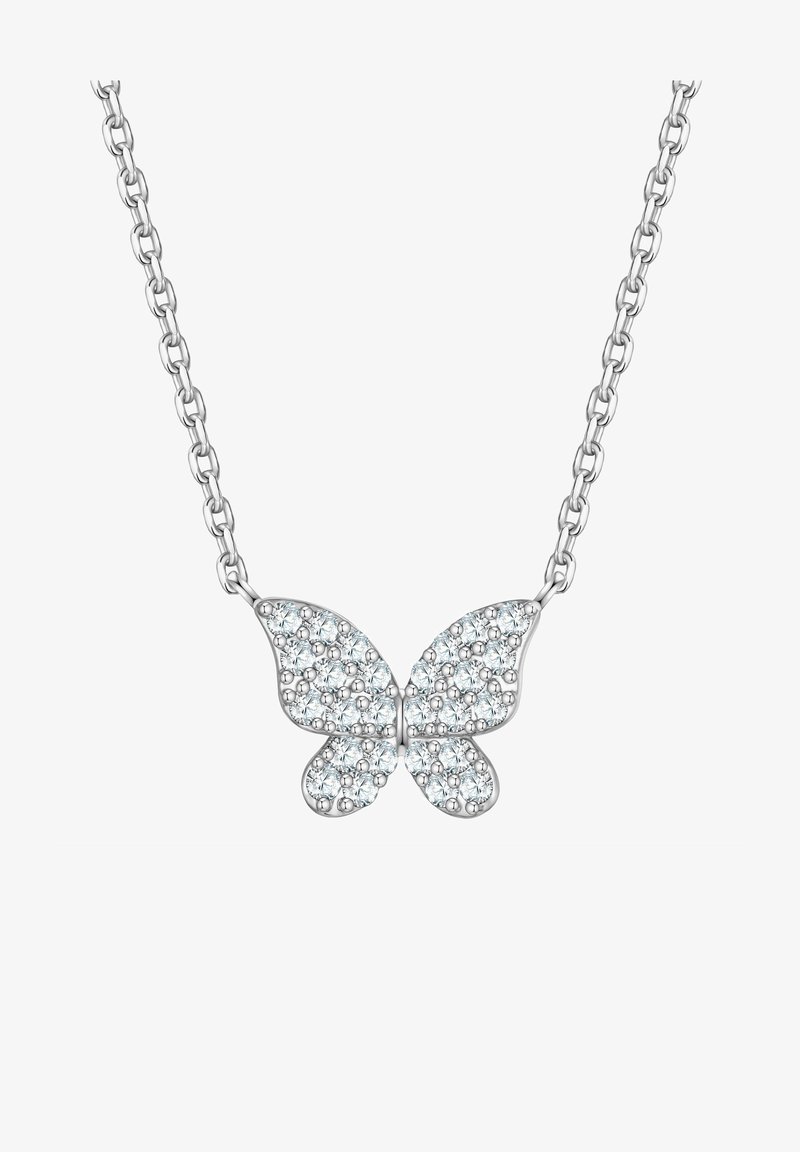 Ezüst nyaklánc, amelyen egy pillangó medál található, világoskék strasszokkal díszítve. A lánc összekapcsolt ovális szemekből áll.