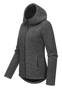 Charcoal šedá mikina na zips s veľkou, štruktúrovanou kapucňou, textúrovanou tkaninou, bočnými vreckami a zaobleným lemom. Obsahuje hladký zips.