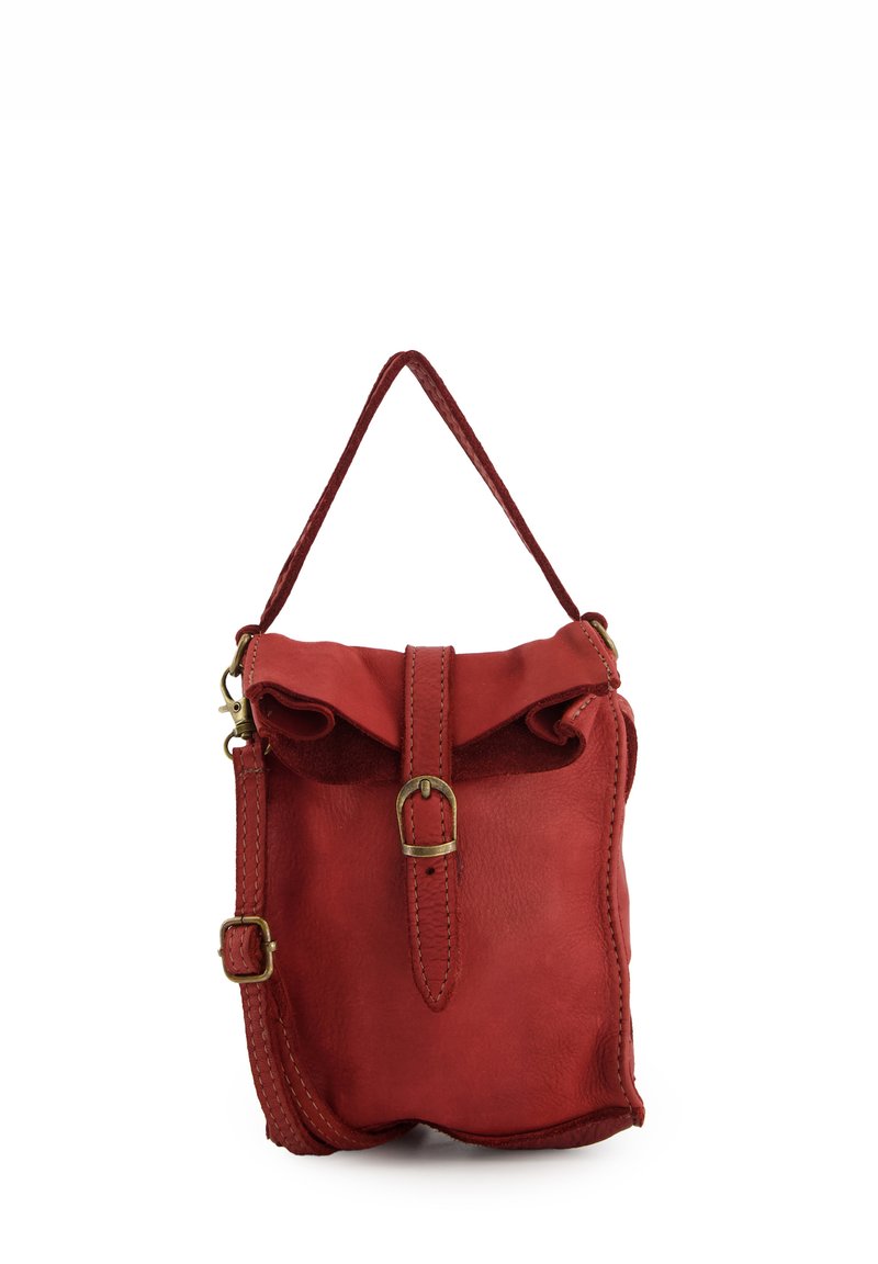 Red leather crossbody bag with a foldover top, brass hardware, adjustable strap, and visible stitching detail. Compact and structured design.