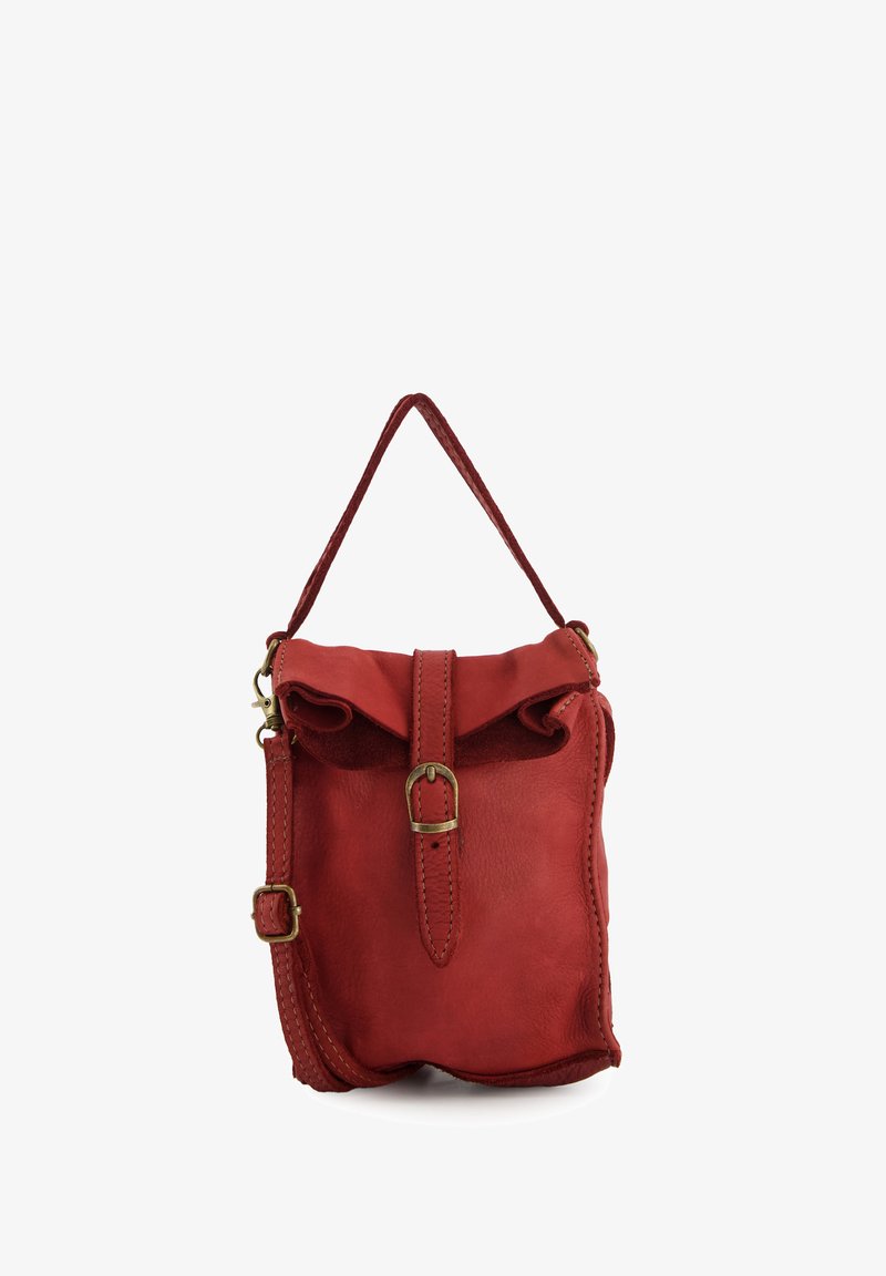 Red leather crossbody bag with a foldover top, brass hardware, adjustable strap, and visible stitching detail. Compact and structured design.