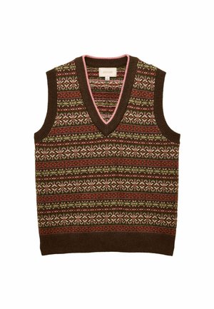 Brauner Strickwesten mit V-Ausschnitt, ausgestattet mit einem mehrfarbigen geometrischen Muster in Rot, Grün und Creme, mit gerippten Kanten.