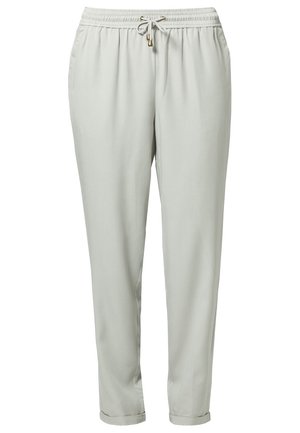 Lichtgrijze taps toelopende broek met elastische tailleband en trekkoord, zijzakken en omgeslagen zoom.