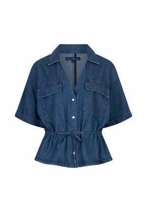 Korte mouw blauw denim overhemd met knopen, kraag, twee borstzakken en verstelbare tailleband.