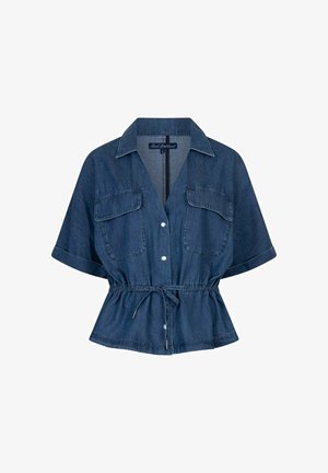 Korte mouw blauw denim overhemd met knopen, kraag, twee borstzakken en verstelbare tailleband.