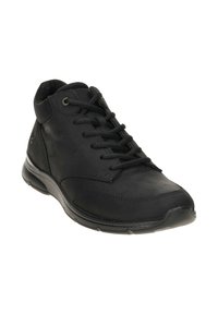 Schwarze High-Top-Sneaker mit einem glatten Lederoberteil, Schnürdesign, gepolstertem Schaft und strukturiertem Gummisohle.