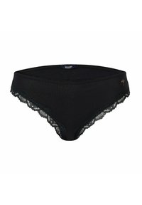 Schwarze Damenunterwäsche mit glattem Untergrund, Spitzenbesatz entlang der Ränder und einem kleinen goldenen Logo auf dem vorderen Taillenbund.