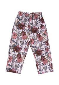 Children's elastic waist pants with a floral pattern in pink, brown, gray, and green tones on a light background.