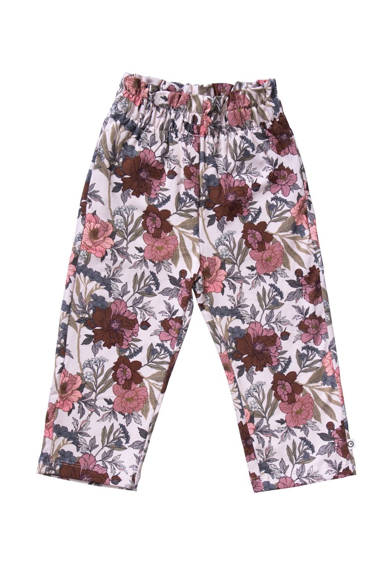 Children's elastic waist pants with a floral pattern in pink, brown, gray, and green tones on a light background.