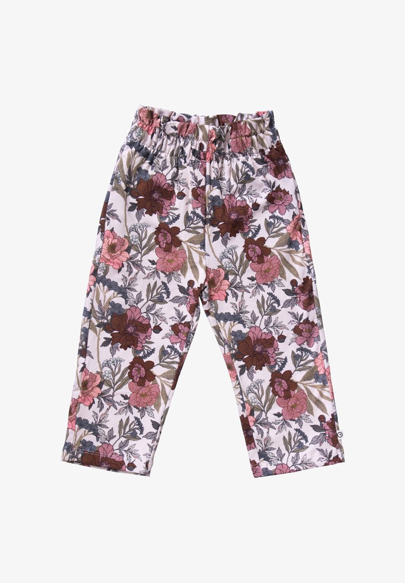 Children's elastic waist pants with a floral pattern in pink, brown, gray, and green tones on a light background.