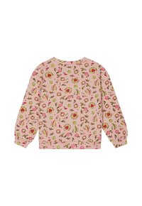 Roze sweatshirt met een bloemen- en fruitpatroon, ronde halslijn en lange mouwen. Ribgebreide manchetten en zoom, zachte katoenmaterialen.
