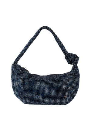 Borsa a tracolla in perline di colore blu scuro. Forma curva con una tracolla annodata. Fodera liscia e chiusura con zip. Motivo decorativo di perline su tutta la superficie.