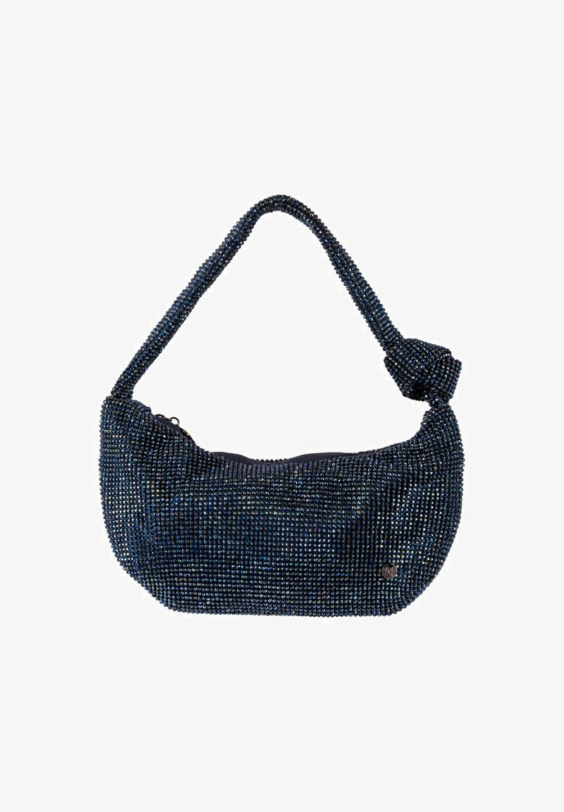 Borsa a tracolla in perline di colore blu scuro. Forma curva con una tracolla annodata. Fodera liscia e chiusura con zip. Motivo decorativo di perline su tutta la superficie.