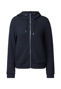 Sudadera con cremallera navy de tela texturizada, que cuenta con una capucha, cordones, dos bolsillos frontales y puños y dobladillo acanalados.