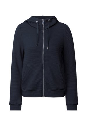 Marine blauwe zip-up hoodie van textuurstof, met een capuchon, koordjes, twee voortassen en geribbelde manchetten en zoom.