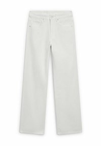 White, wide-leg denim pants with five pockets, button and zip fly, and minimal stitching details. Smooth texture, casual design.