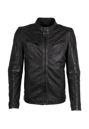 Schwarze Lederjacke mit Stehkragen, durchgehendem Reißverschluss und zwei aufgesetzten Brusttaschen mit Reißverschluss. Verfügt über strukturierten Schulterakzenten und taillierten Ärmeln.