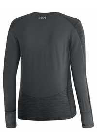 Dlouhý sportovní rukáv v tmavě šedé barvě; má texturované panely, síťovinové detaily na manžetách a logo na horní části zad.