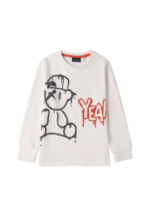 Camicia bianca a maniche lunghe con grafica di un orso nero e testo rosso "YEAH", dal taglio rilassato e polsini a costine. Materiale in cotone morbido.