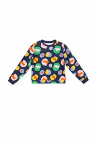 Sudadera azul marino con un patrón abstracto colorido que incluye formas en naranja, verde, amarillo, rosa y morado. Cuello redondo clásico y mangas largas.