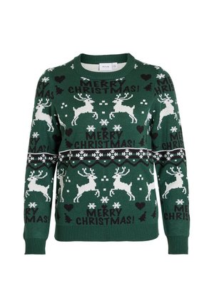 Suéter navideño verde de punto que presenta renos blancos, copos de nieve y el texto "¡FELIZ NAVIDAD!" en negro. Cuello redondo y puños acanalados.