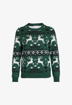 Grøn strikket ju sweater med hvide rener, snefnug og teksten "MERRY CHRISTMAS!" i sort. Rund halsudskæring og ribbede mansjetter.