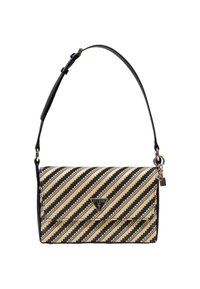 Sac à épaule à rayures multiples en beige et noir, fabriqué en matériau synthétique, avec une fermeture à pression et une bandoulière détachable. Logo GUESS sur le devant.