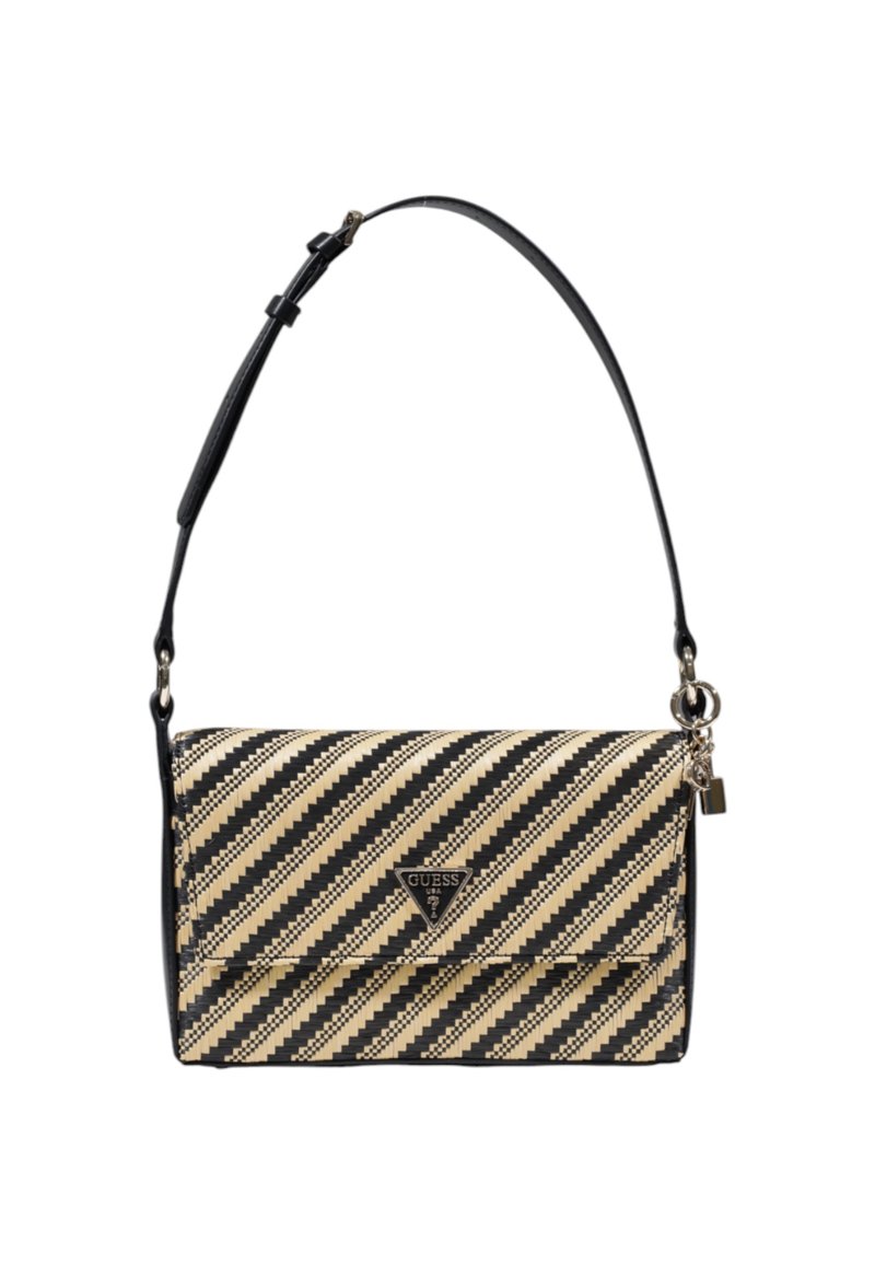 Sac à épaule à rayures multiples en beige et noir, fabriqué en matériau synthétique, avec une fermeture à pression et une bandoulière détachable. Logo GUESS sur le devant.